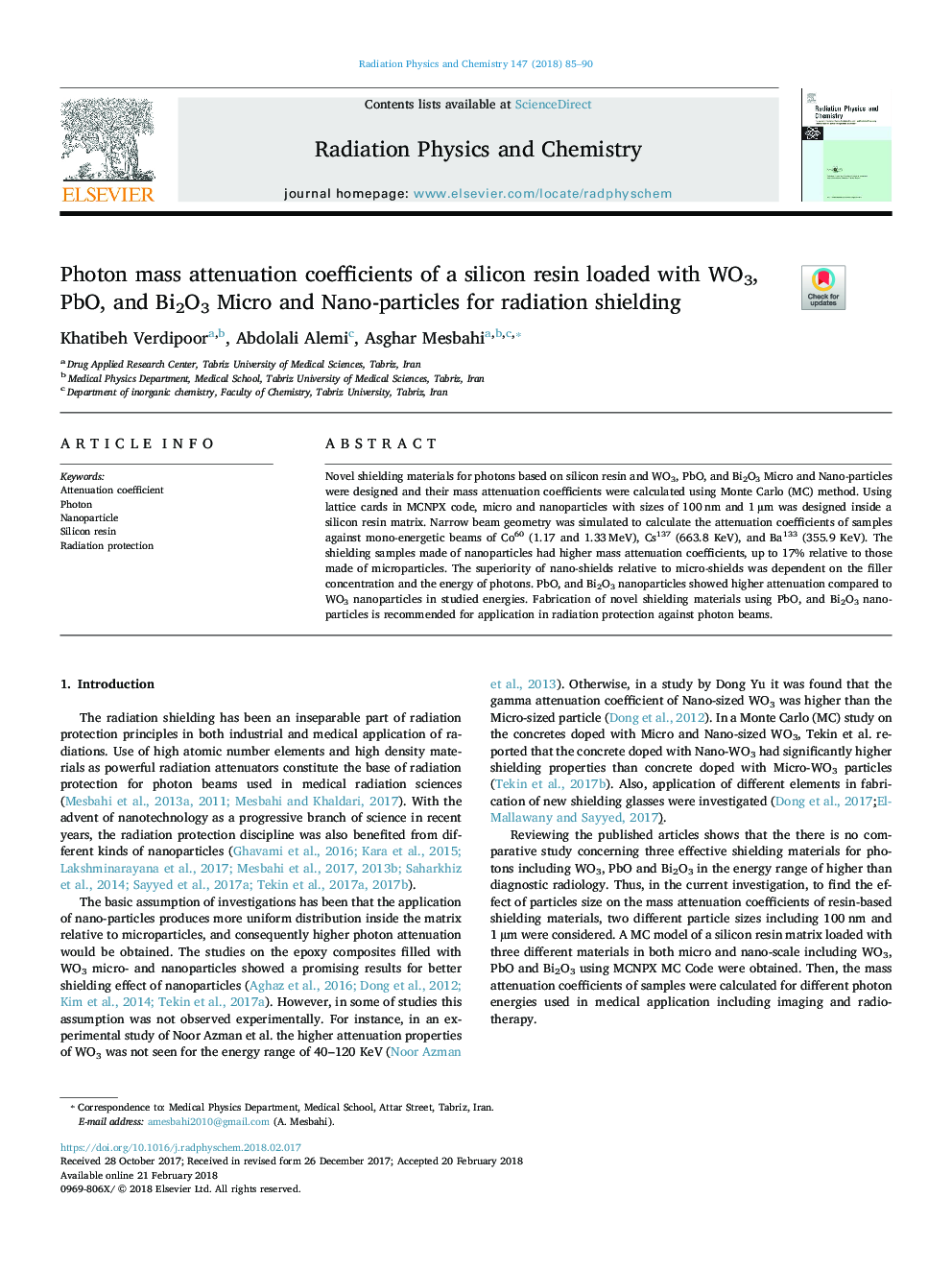 Photon mass attenuation coefficients of a silicon resin loaded with WO3, PbO, and Bi2O3 Micro and Nano-particles for radiation shielding