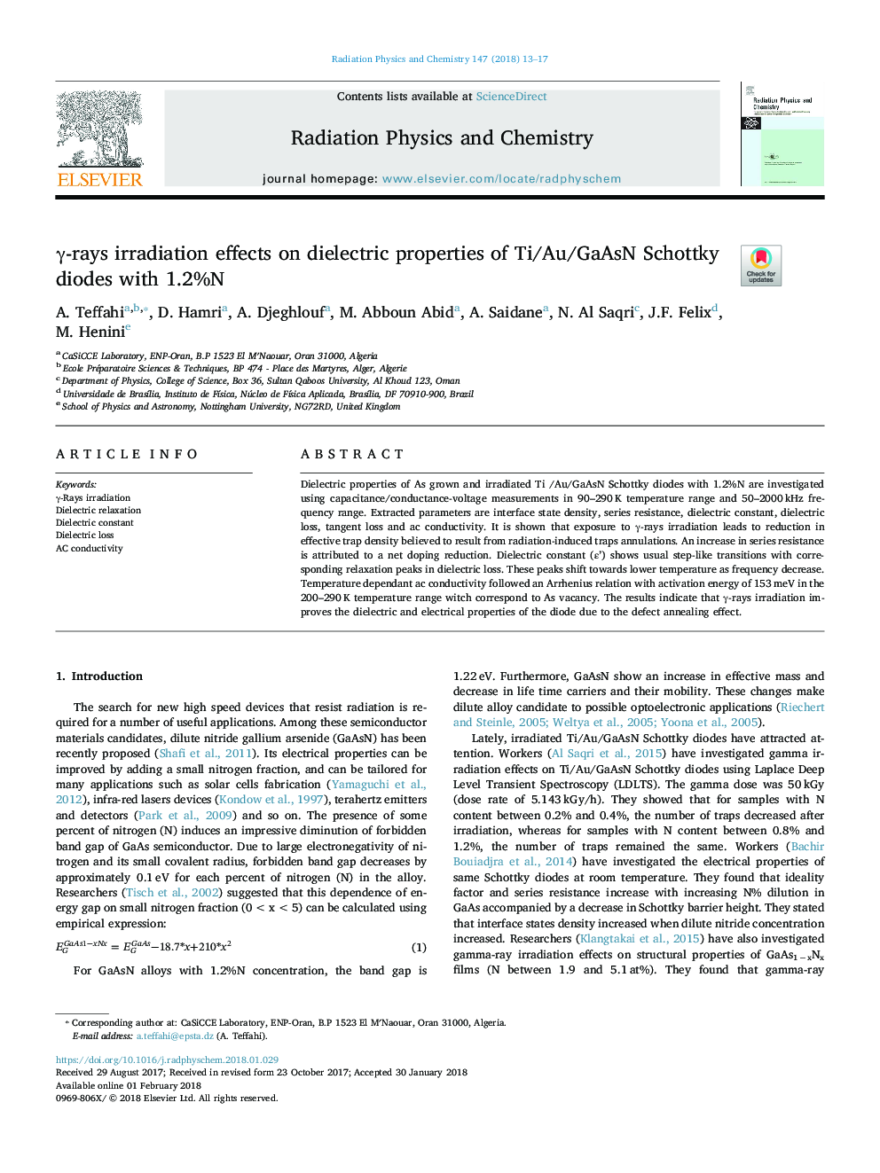 Î³-rays irradiation effects on dielectric properties of Ti/Au/GaAsN Schottky diodes with 1.2%N