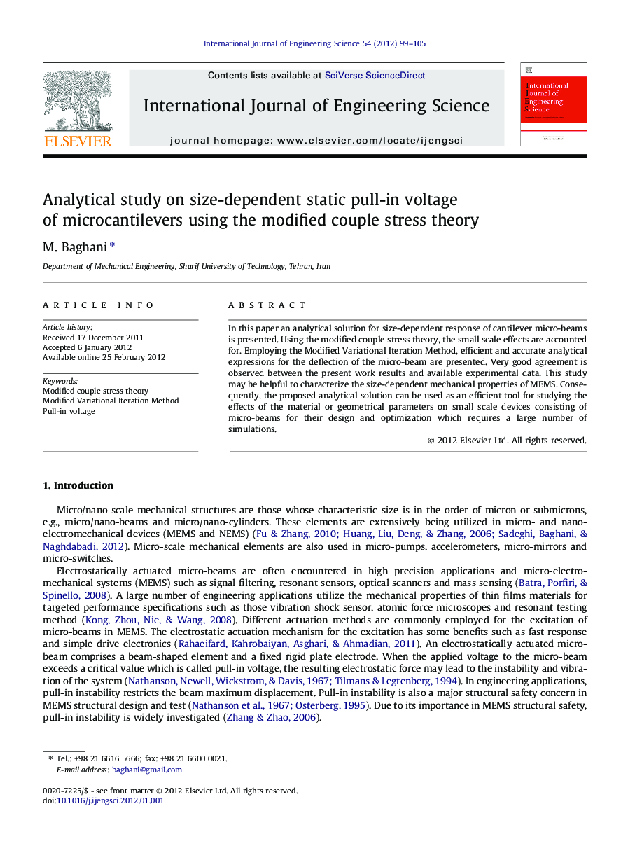 Analytical study on size-dependent static pull-in voltage of microcantilevers using the modified couple stress theory