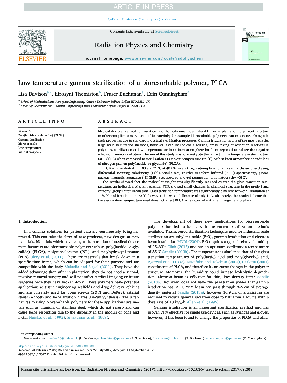 Low temperature gamma sterilization of a bioresorbable polymer, PLGA