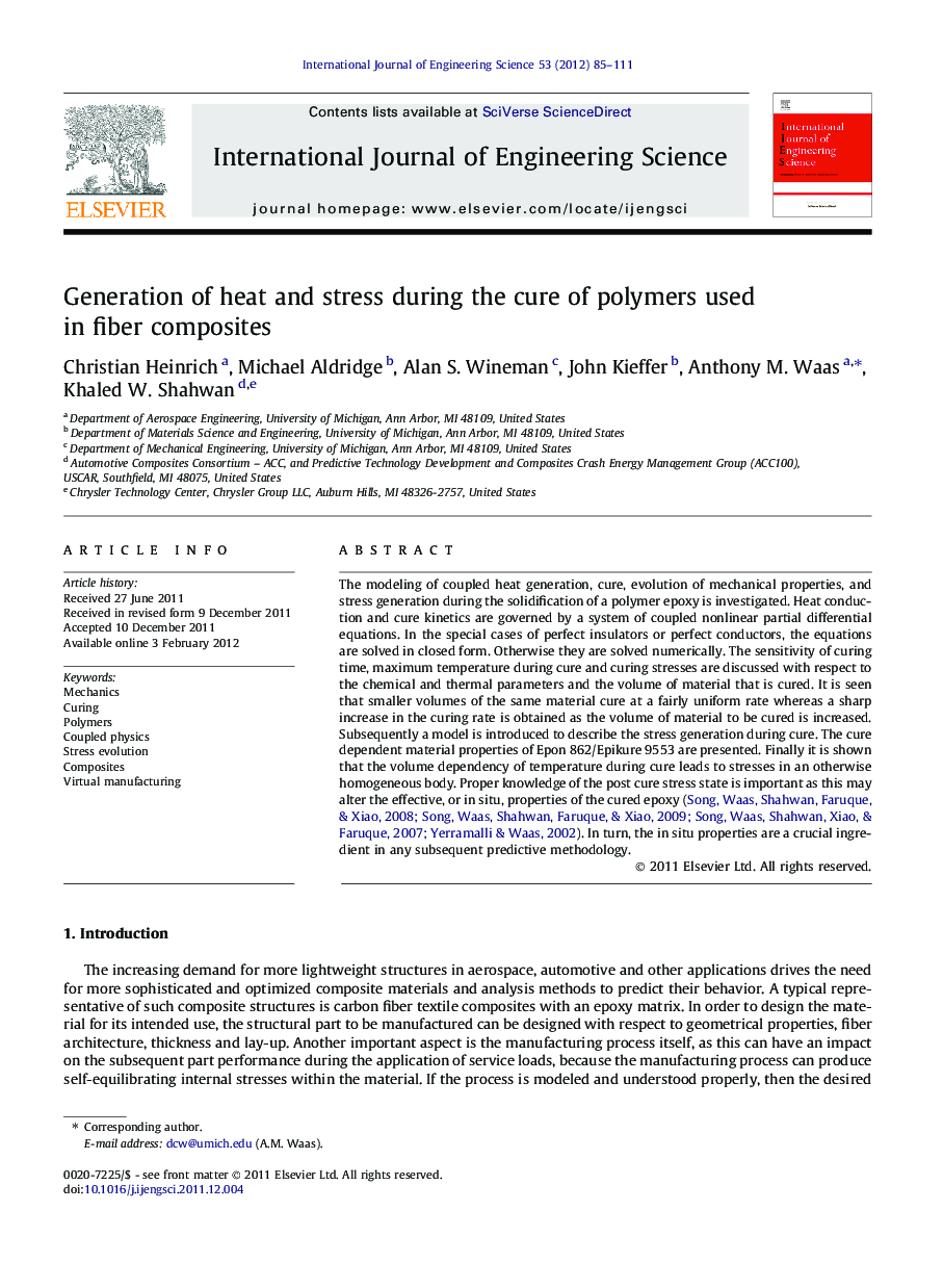 Generation of heat and stress during the cure of polymers used in fiber composites