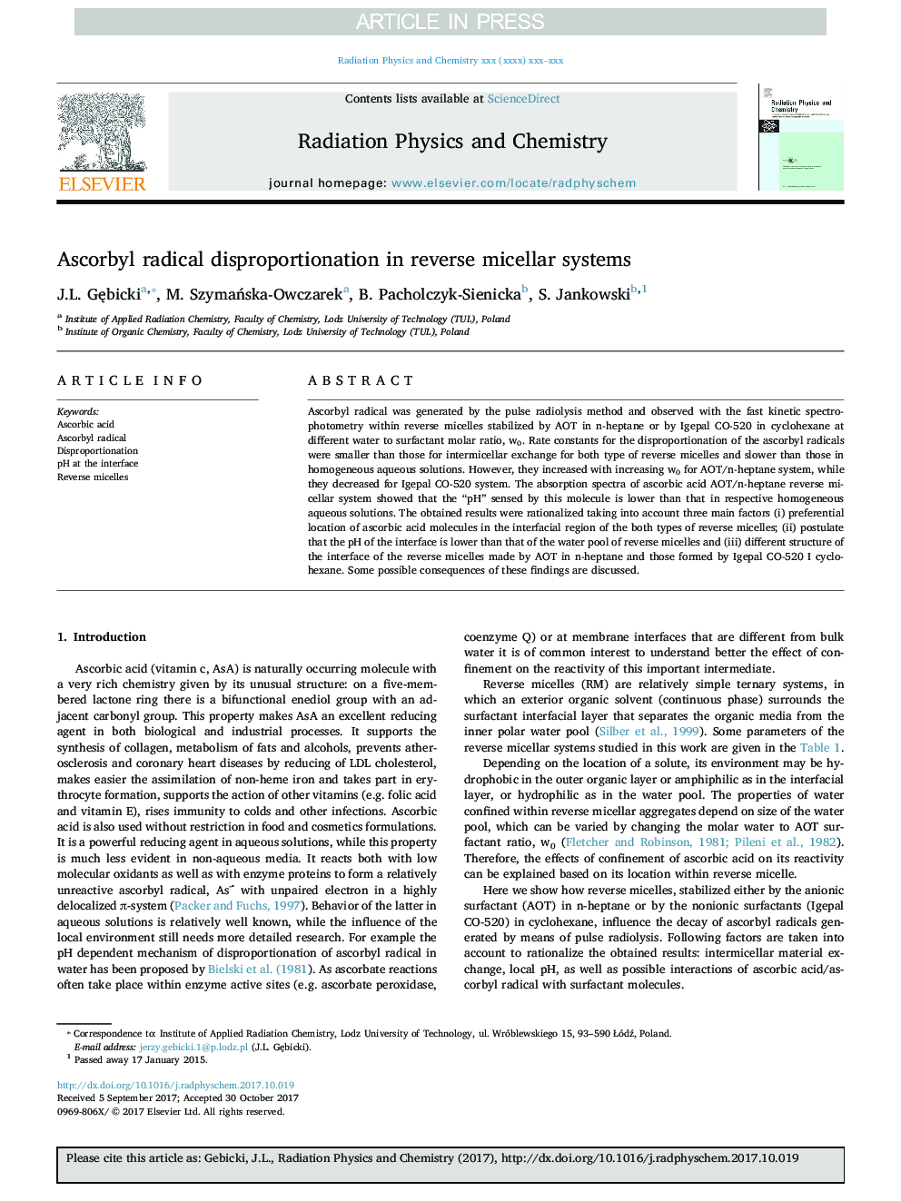 Ascorbyl radical disproportionation in reverse micellar systems