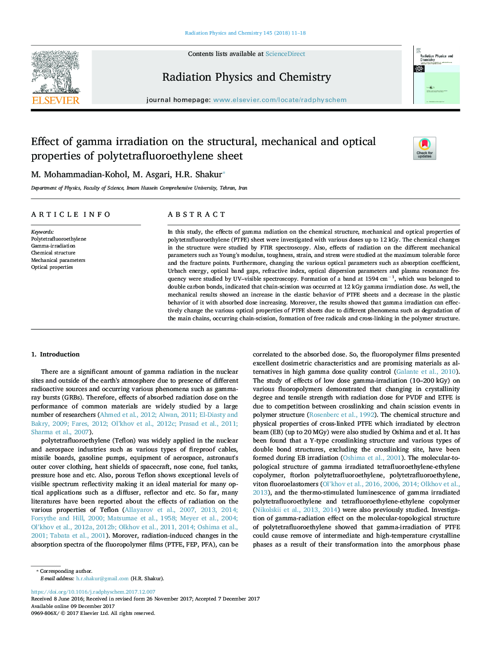 Effect of gamma irradiation on the structural, mechanical and optical properties of polytetrafluoroethylene sheet