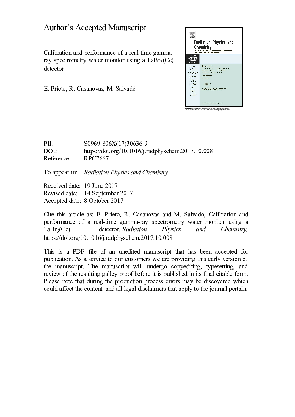 Calibration and performance of a real-time gamma-ray spectrometry water monitor using a LaBr3(Ce) detector