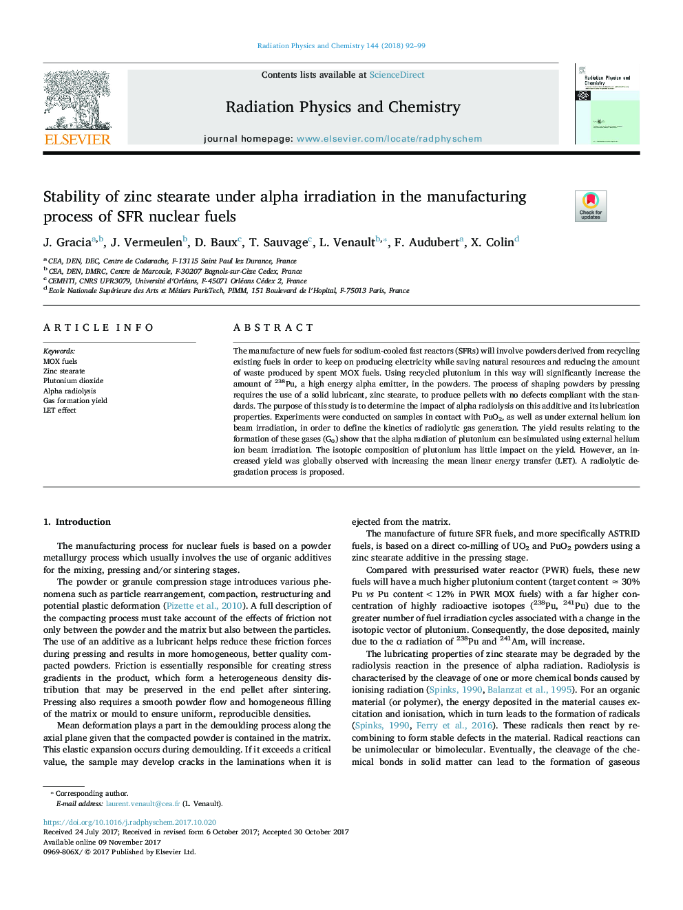 Stability of zinc stearate under alpha irradiation in the manufacturing process of SFR nuclear fuels