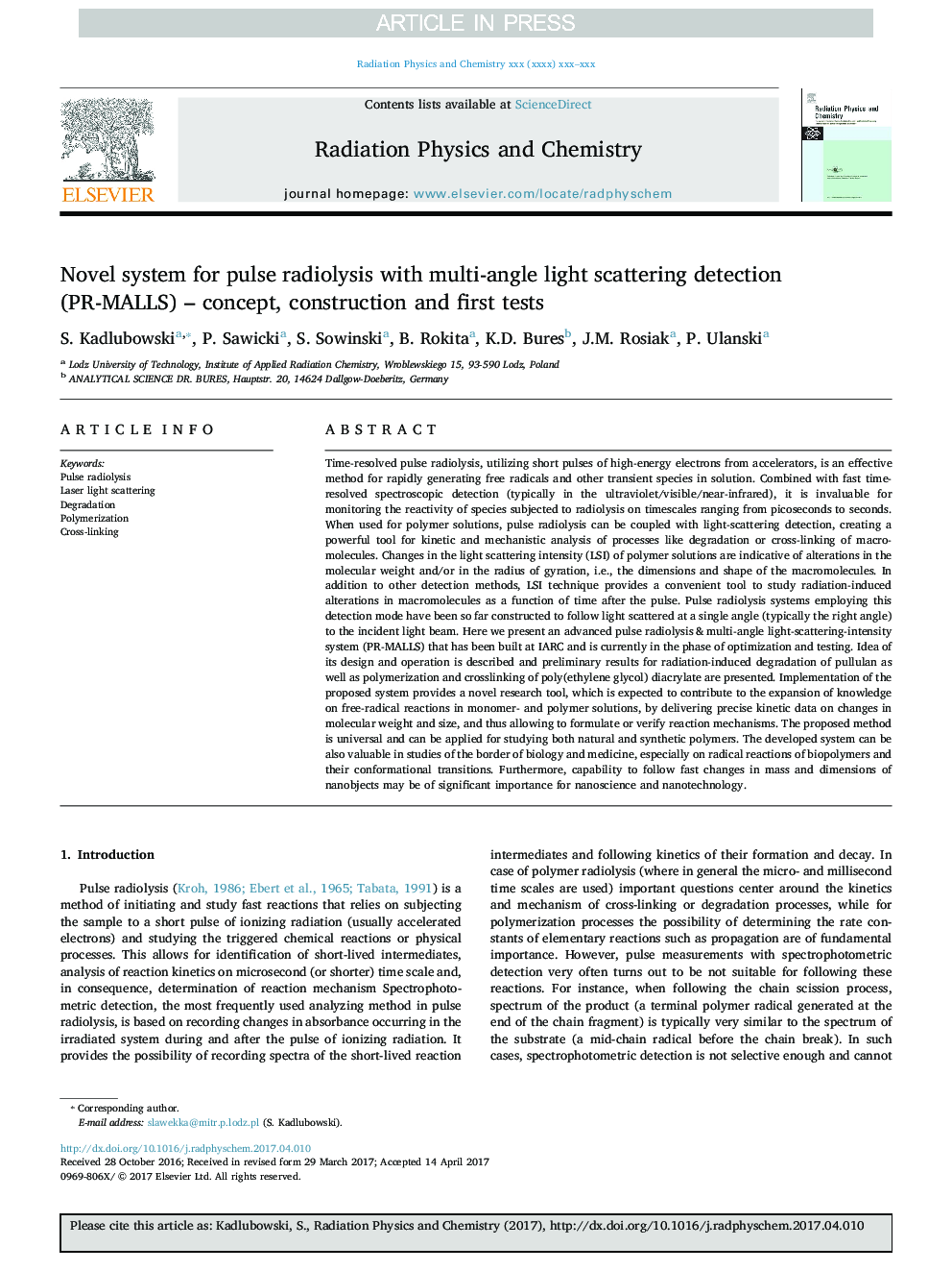 Novel system for pulse radiolysis with multi-angle light scattering detection (PR-MALLS) - concept, construction and first tests