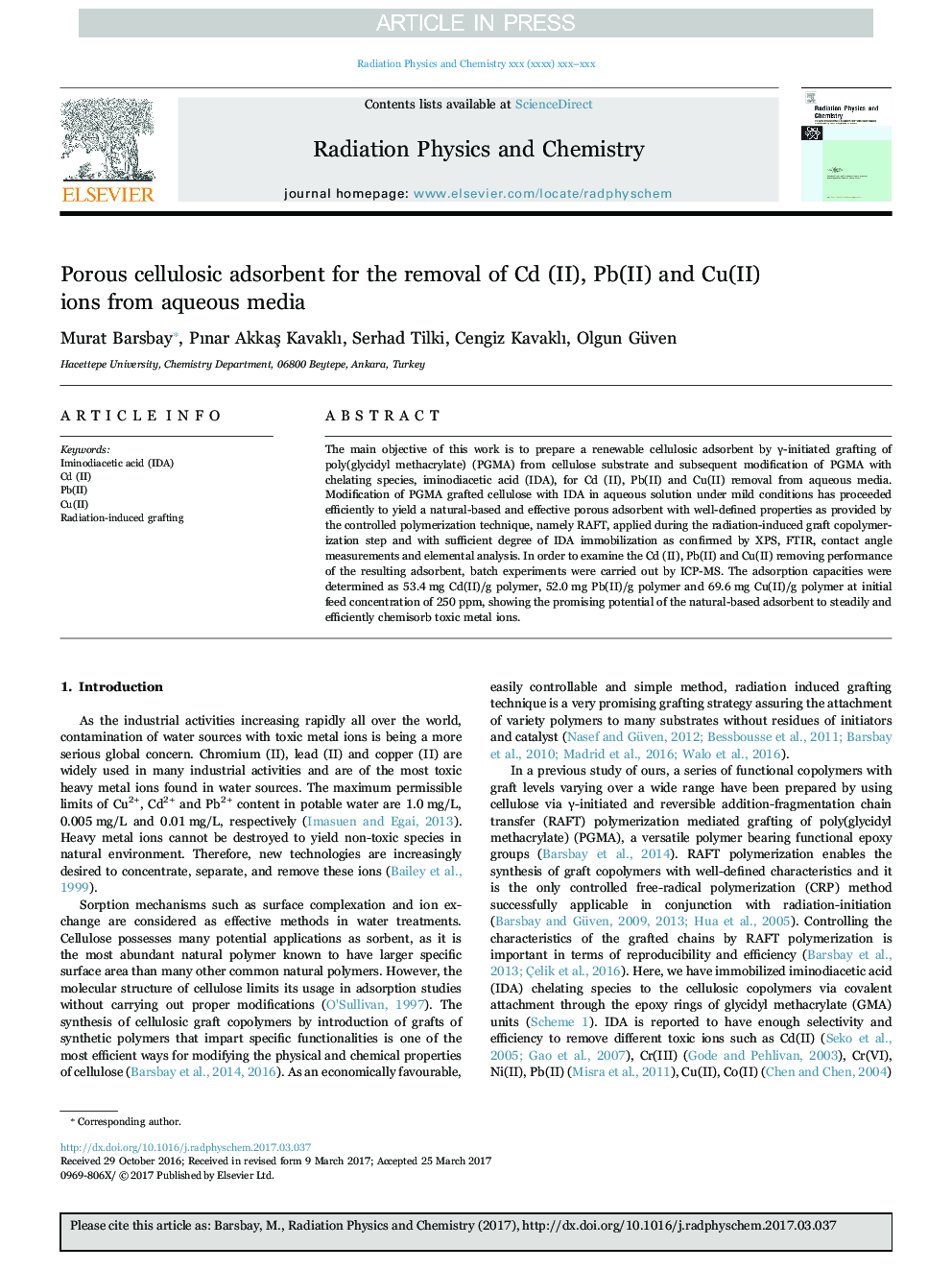 Porous cellulosic adsorbent for the removal of Cd (II), Pb(II) and Cu(II) ions from aqueous media