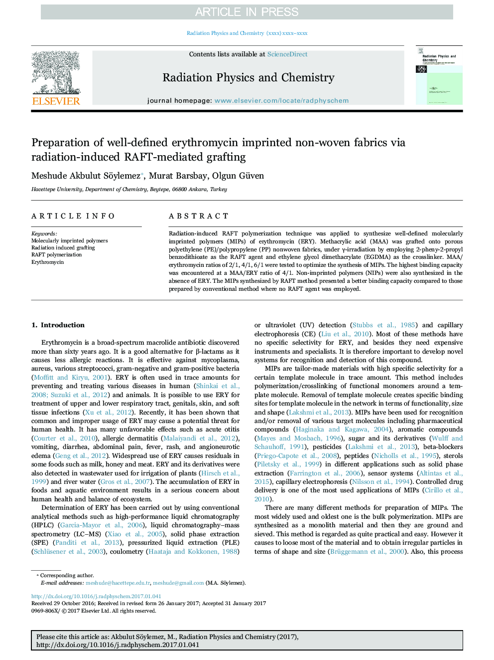 Preparation of well-defined erythromycin imprinted non-woven fabrics via radiation-induced RAFT-mediated grafting