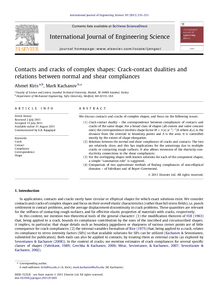 Contacts and cracks of complex shapes: Crack-contact dualities and relations between normal and shear compliances