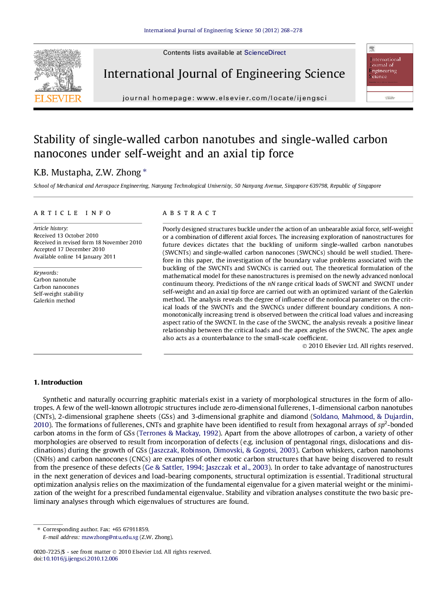 Stability of single-walled carbon nanotubes and single-walled carbon nanocones under self-weight and an axial tip force