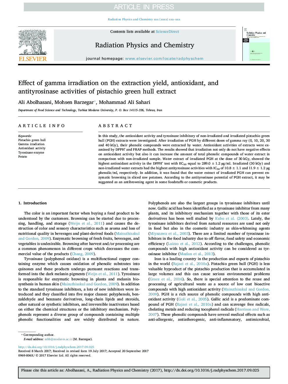 Effect of gamma irradiation on the extraction yield, antioxidant, and antityrosinase activities of pistachio green hull extract