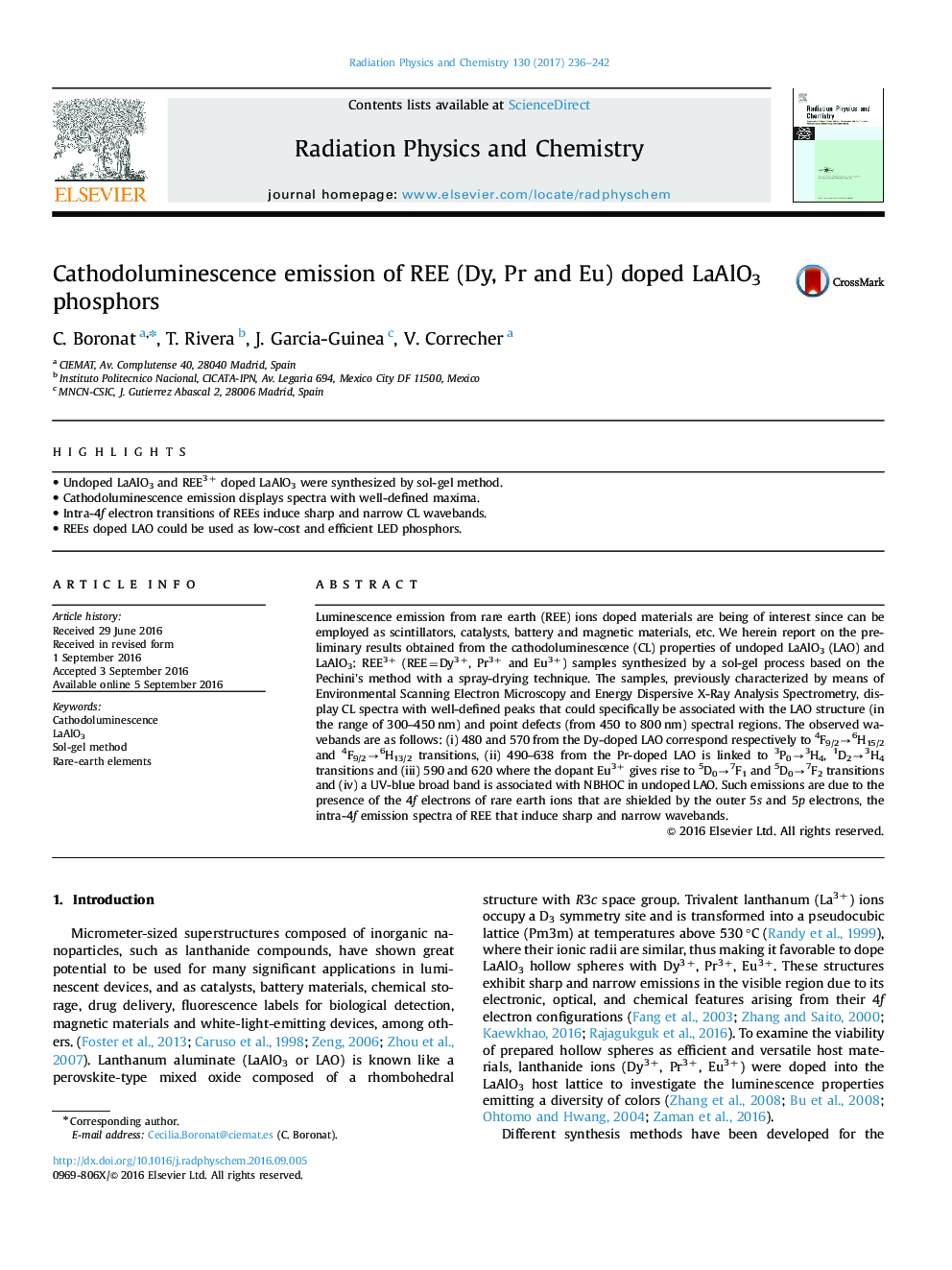 Cathodoluminescence emission of REE (Dy, Pr and Eu) doped LaAlO3 phosphors