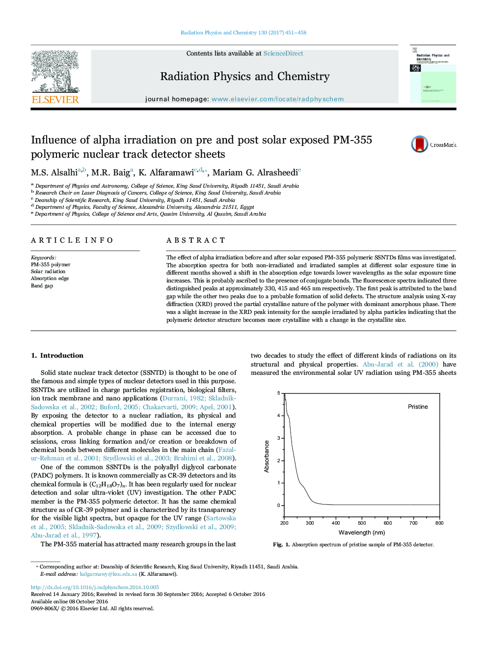 Influence of alpha irradiation on pre and post solar exposed PM-355 polymeric nuclear track detector sheets