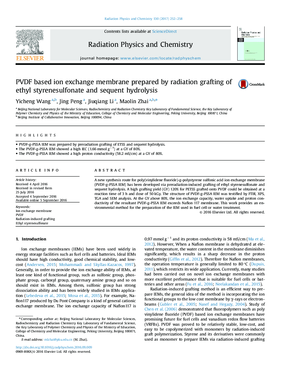 PVDF based ion exchange membrane prepared by radiation grafting of ethyl styrenesulfonate and sequent hydrolysis