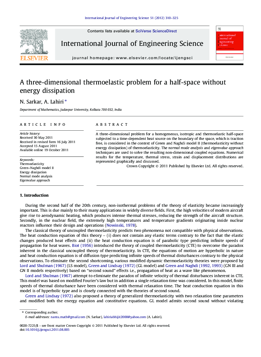 A three-dimensional thermoelastic problem for a half-space without energy dissipation