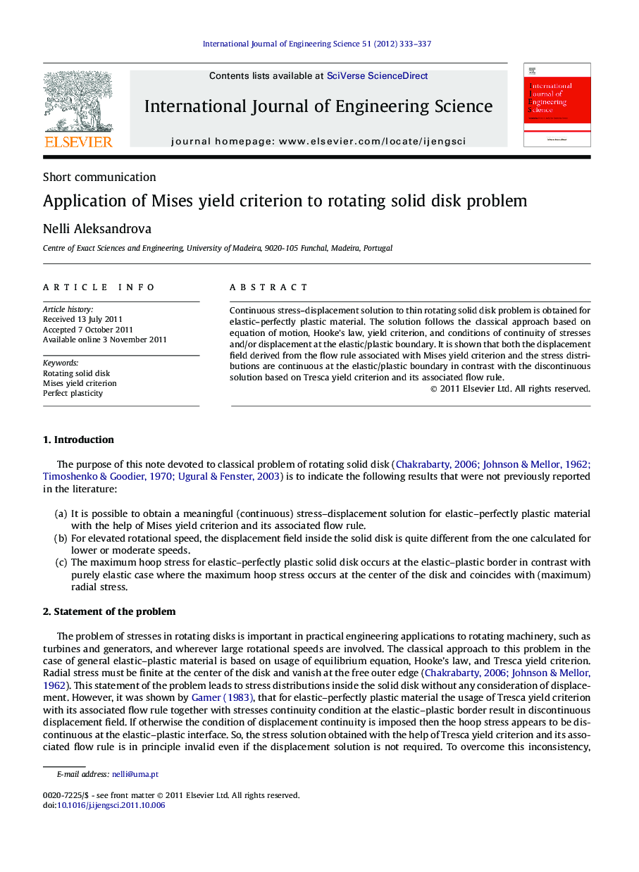 Application of Mises yield criterion to rotating solid disk problem