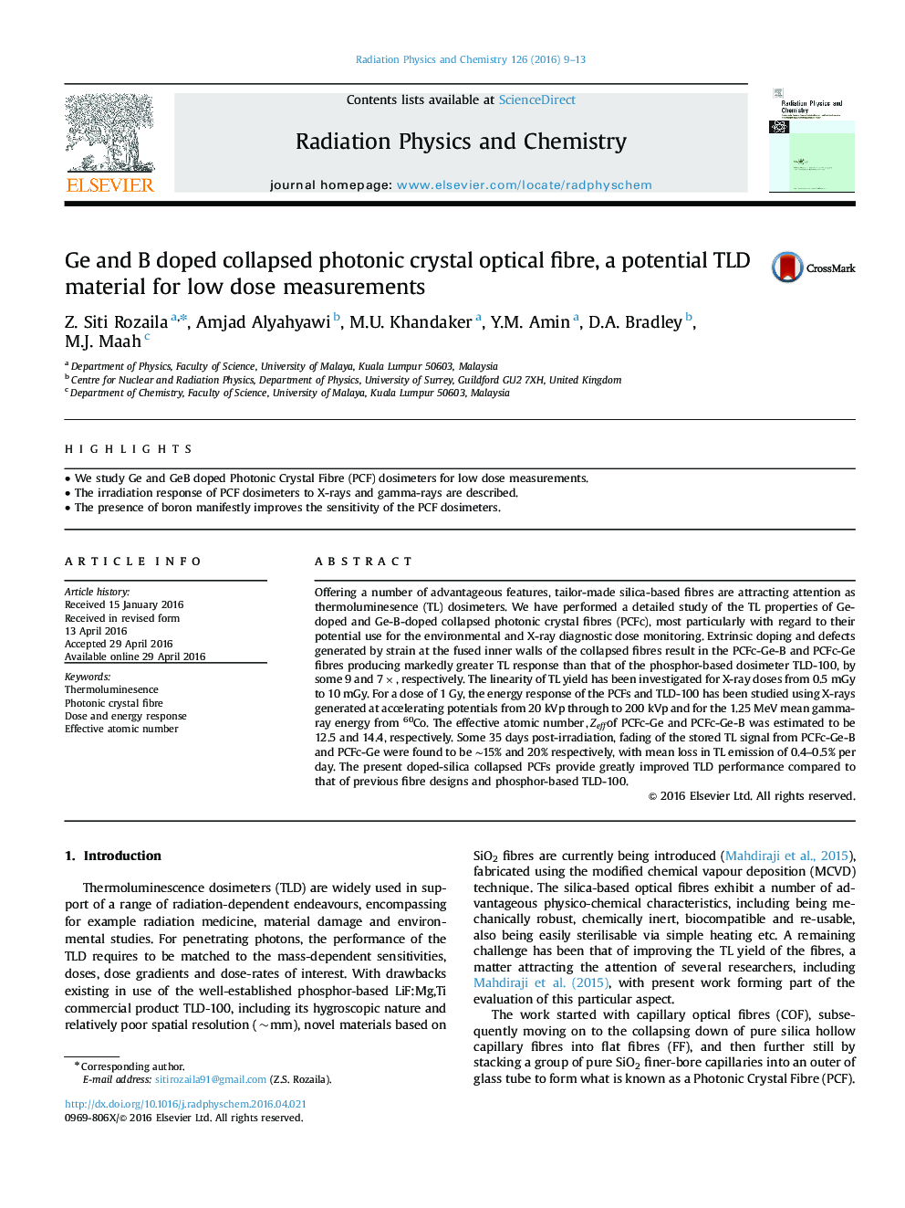 Ge and B doped collapsed photonic crystal optical fibre, a potential TLD material for low dose measurements