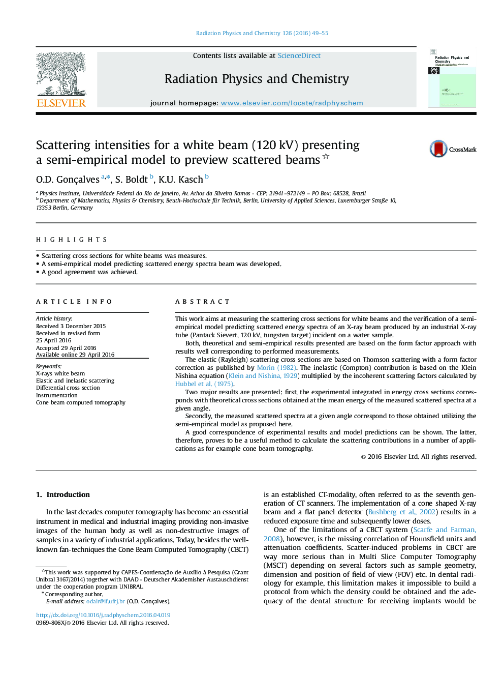 Scattering intensities for a white beam (120Â kV) presenting a semi-empirical model to preview scattered beams