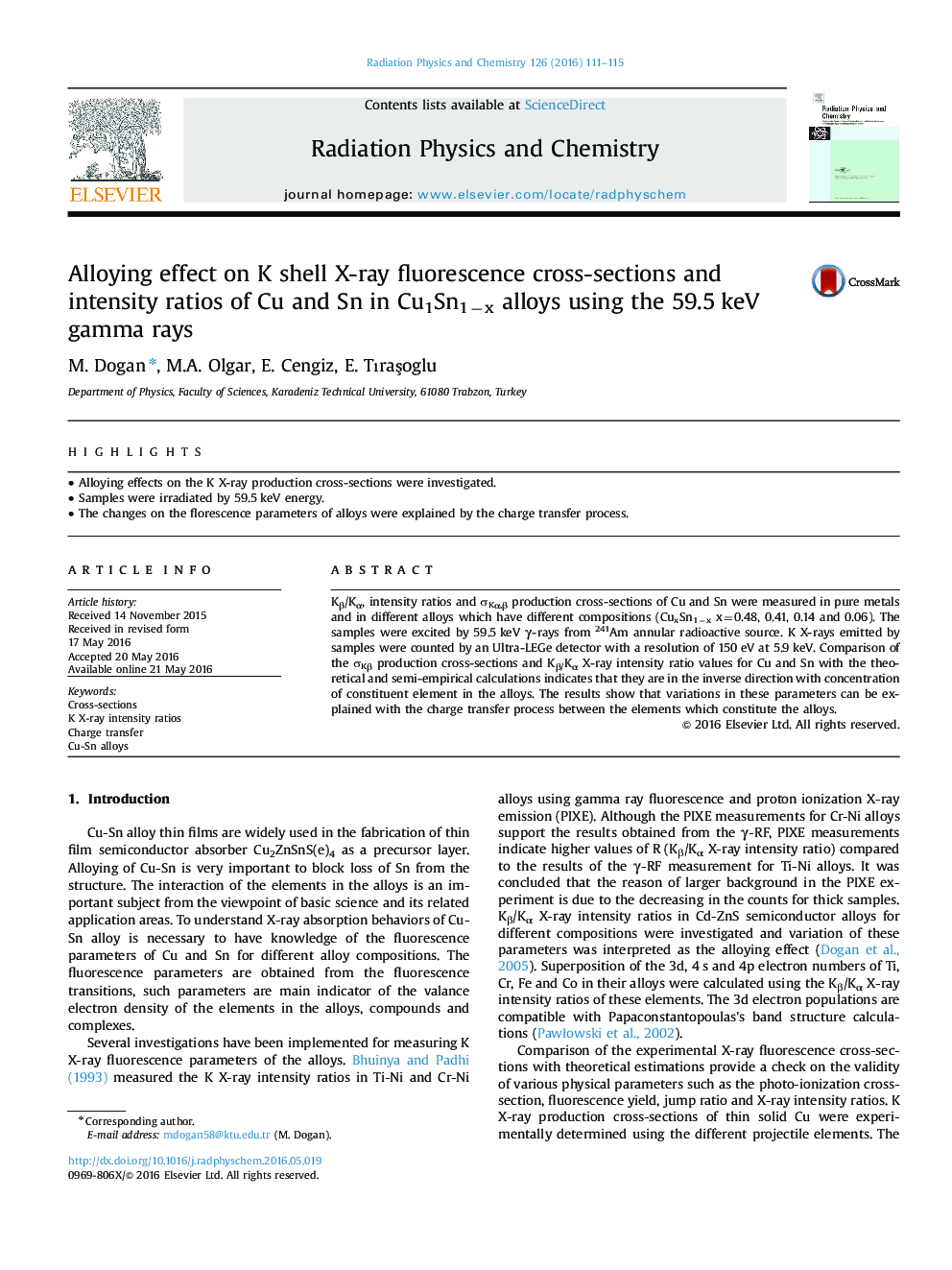 Alloying effect on K shell X-ray fluorescence cross-sections and intensity ratios of Cu and Sn in Cu1Sn1âx alloys using the 59.5Â keV gamma rays