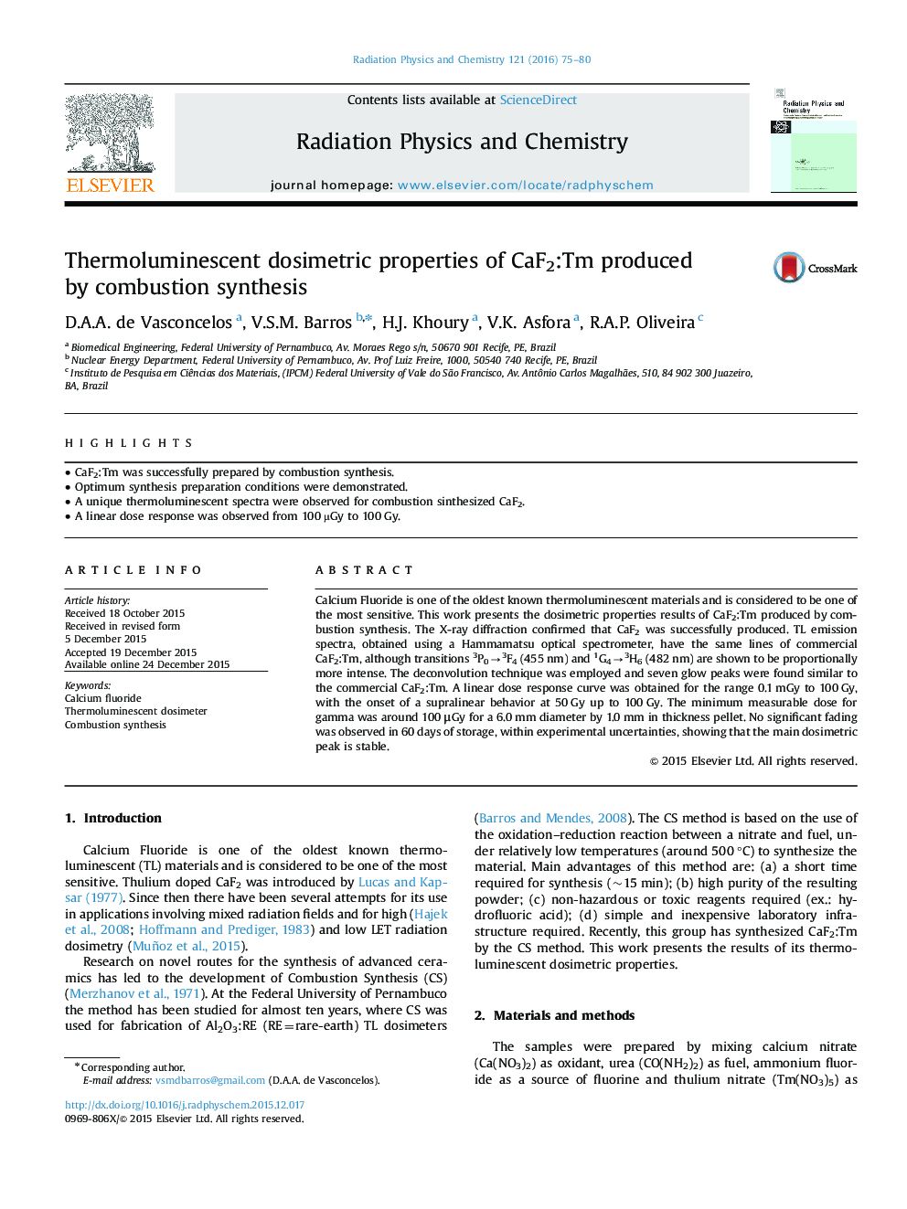 Thermoluminescent dosimetric properties of CaF2:Tm produced by combustion synthesis