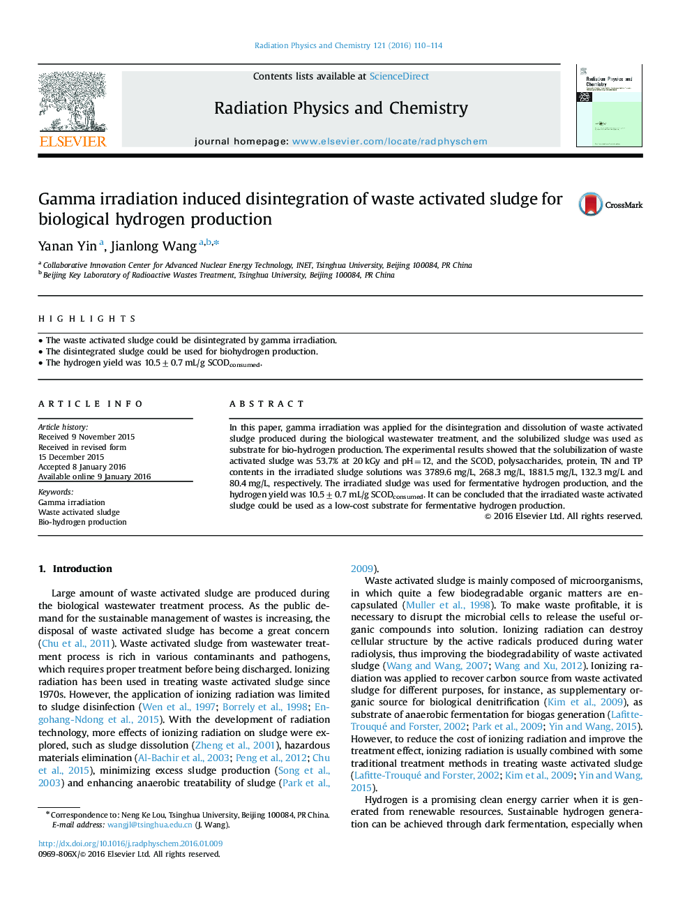 Gamma irradiation induced disintegration of waste activated sludge for biological hydrogen production