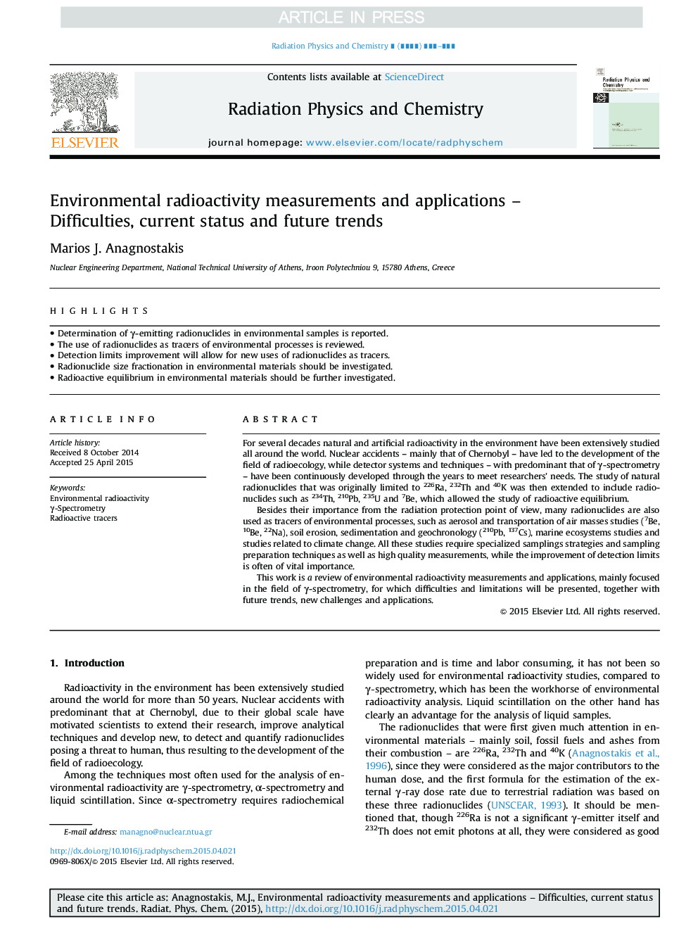 Environmental radioactivity measurements and applications - Difficulties, current status and future trends