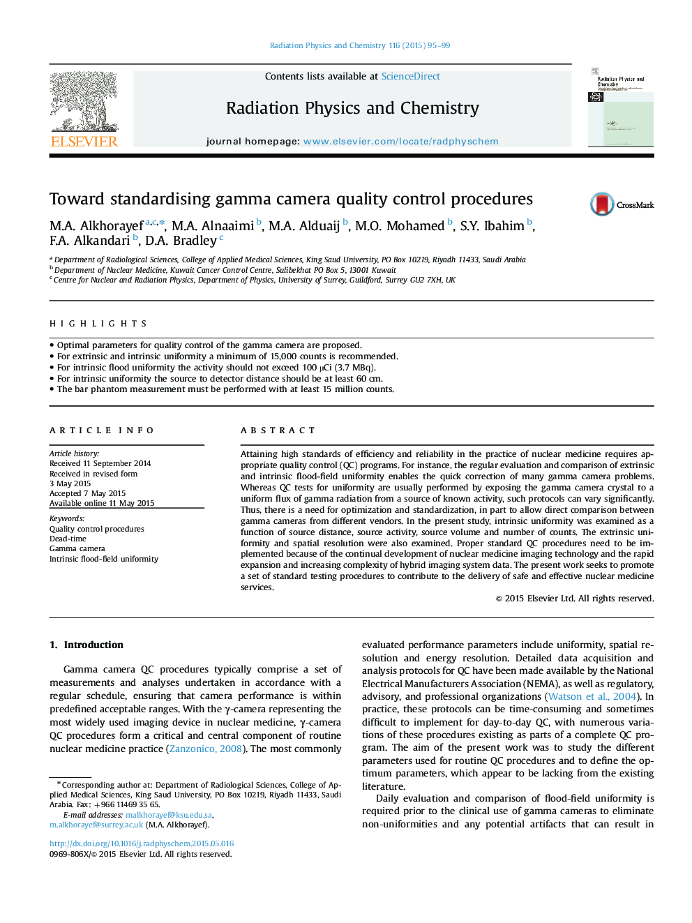 Toward standardising gamma camera quality control procedures