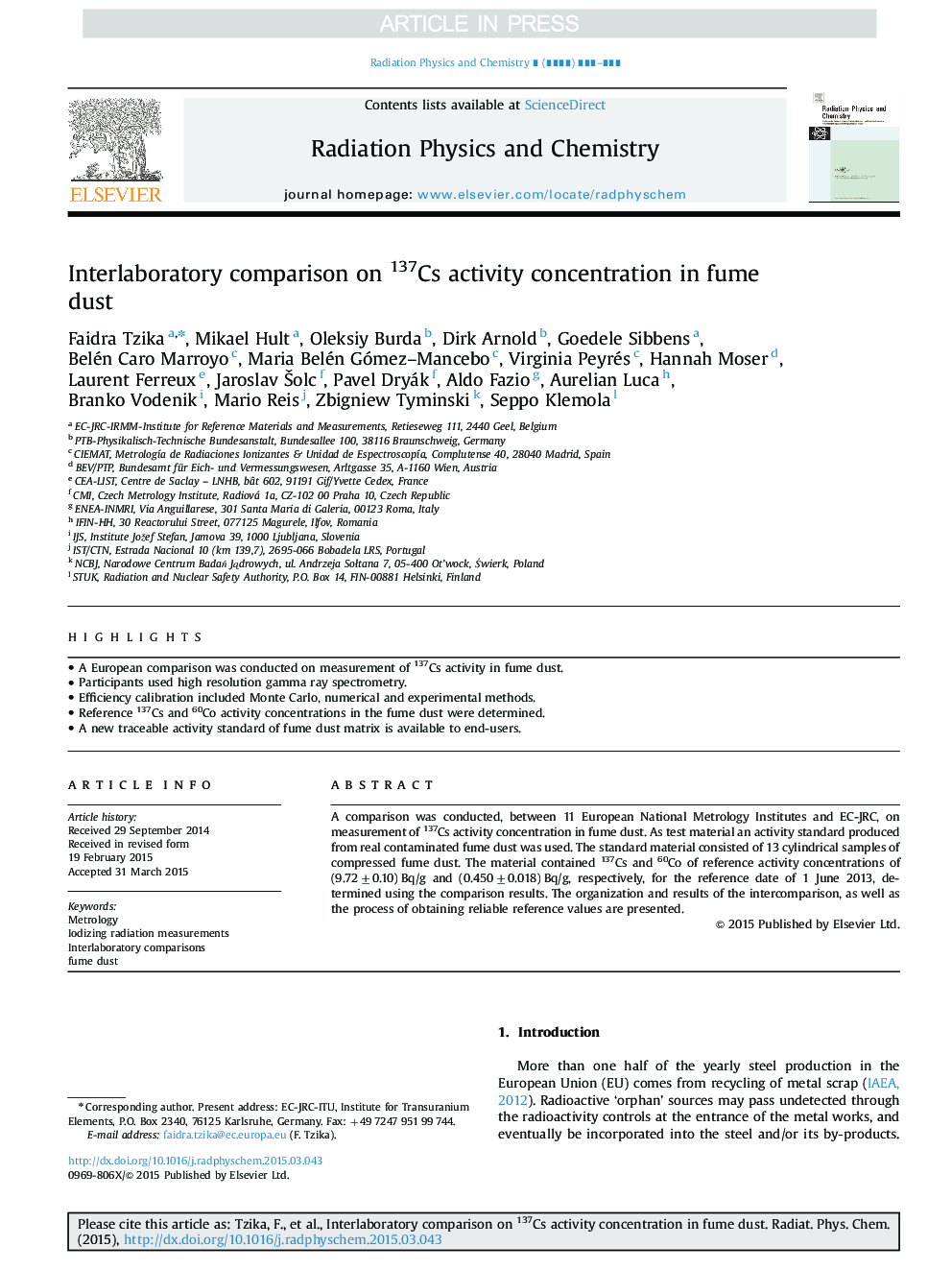 Interlaboratory comparison on 137Cs activity concentration in fume dust