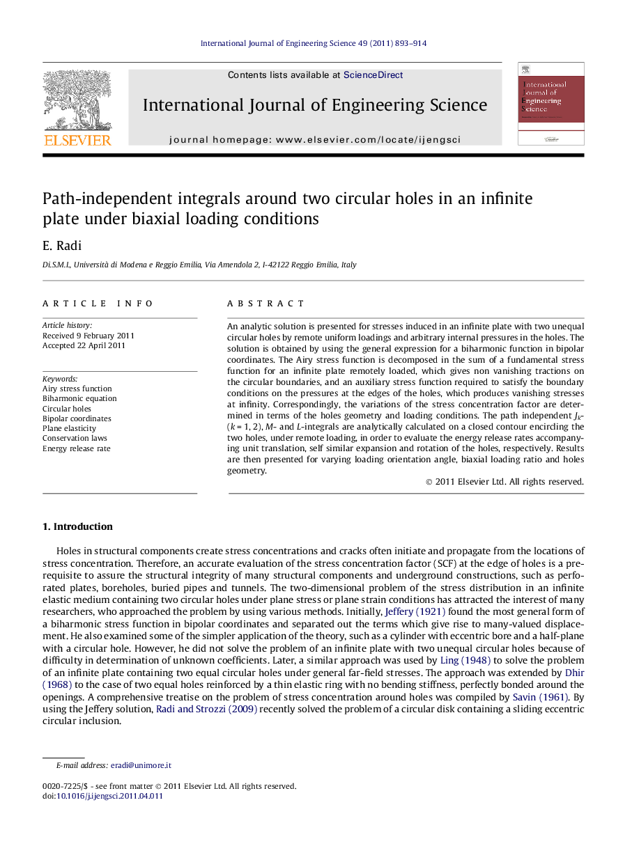 Path-independent integrals around two circular holes in an infinite plate under biaxial loading conditions