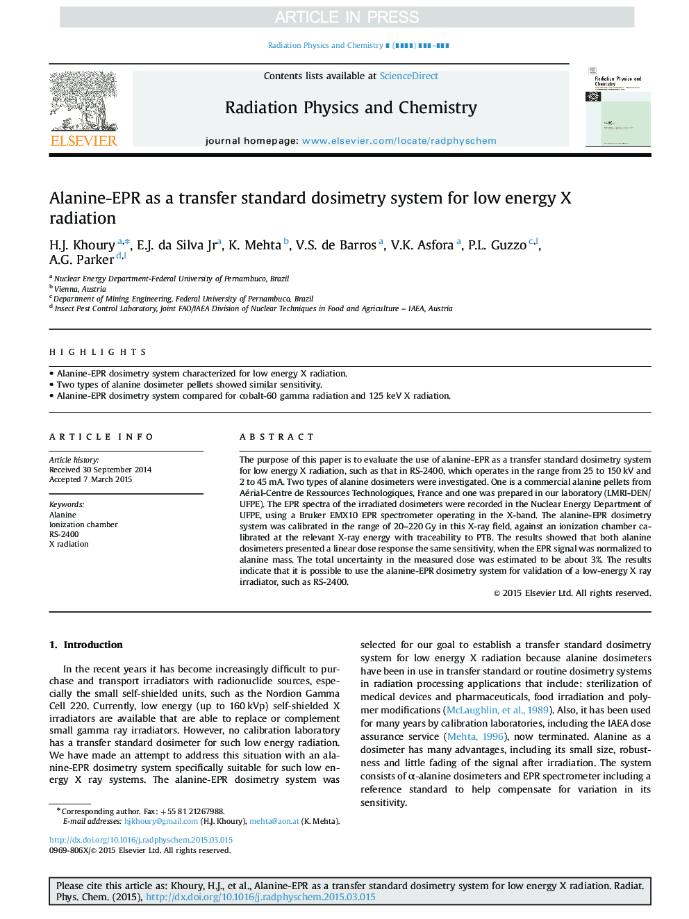 Alanine-EPR as a transfer standard dosimetry system for low energy X radiation