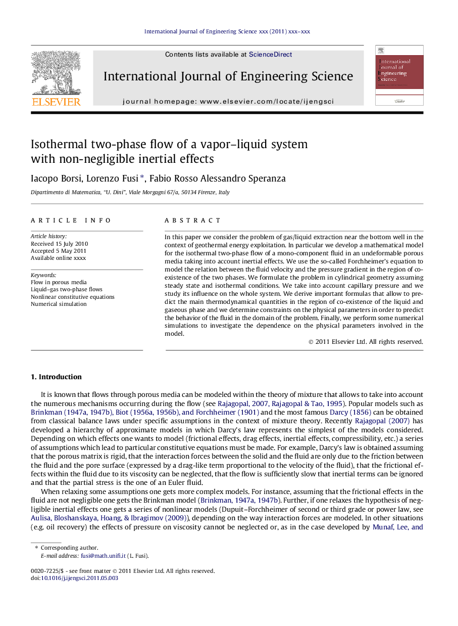 Isothermal two-phase flow of a vapor–liquid system with non-negligible inertial effects