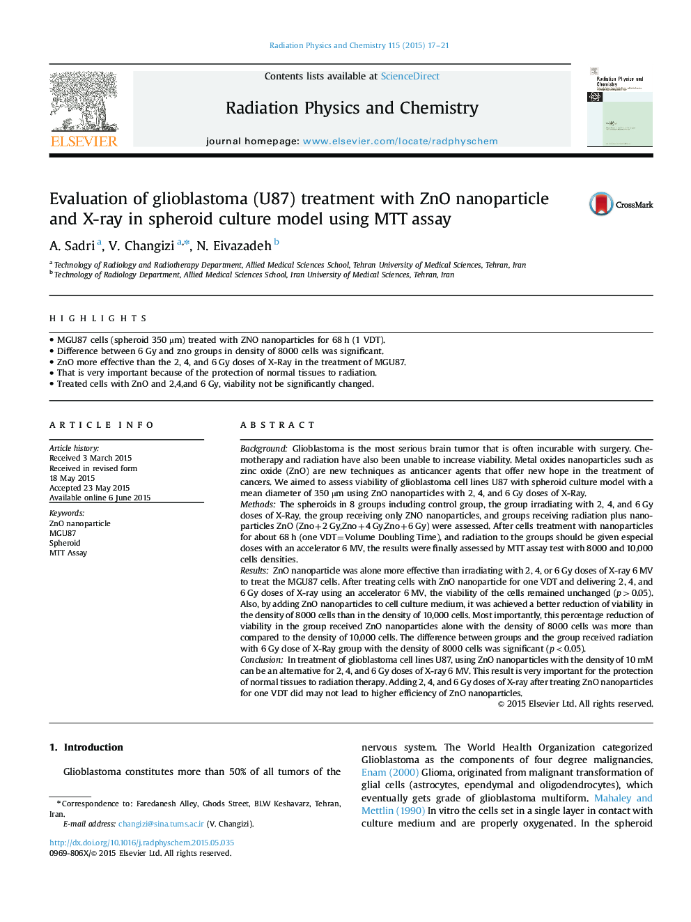 Evaluation of glioblastoma (U87) treatment with ZnO nanoparticle and X-ray in spheroid culture model using MTT assay