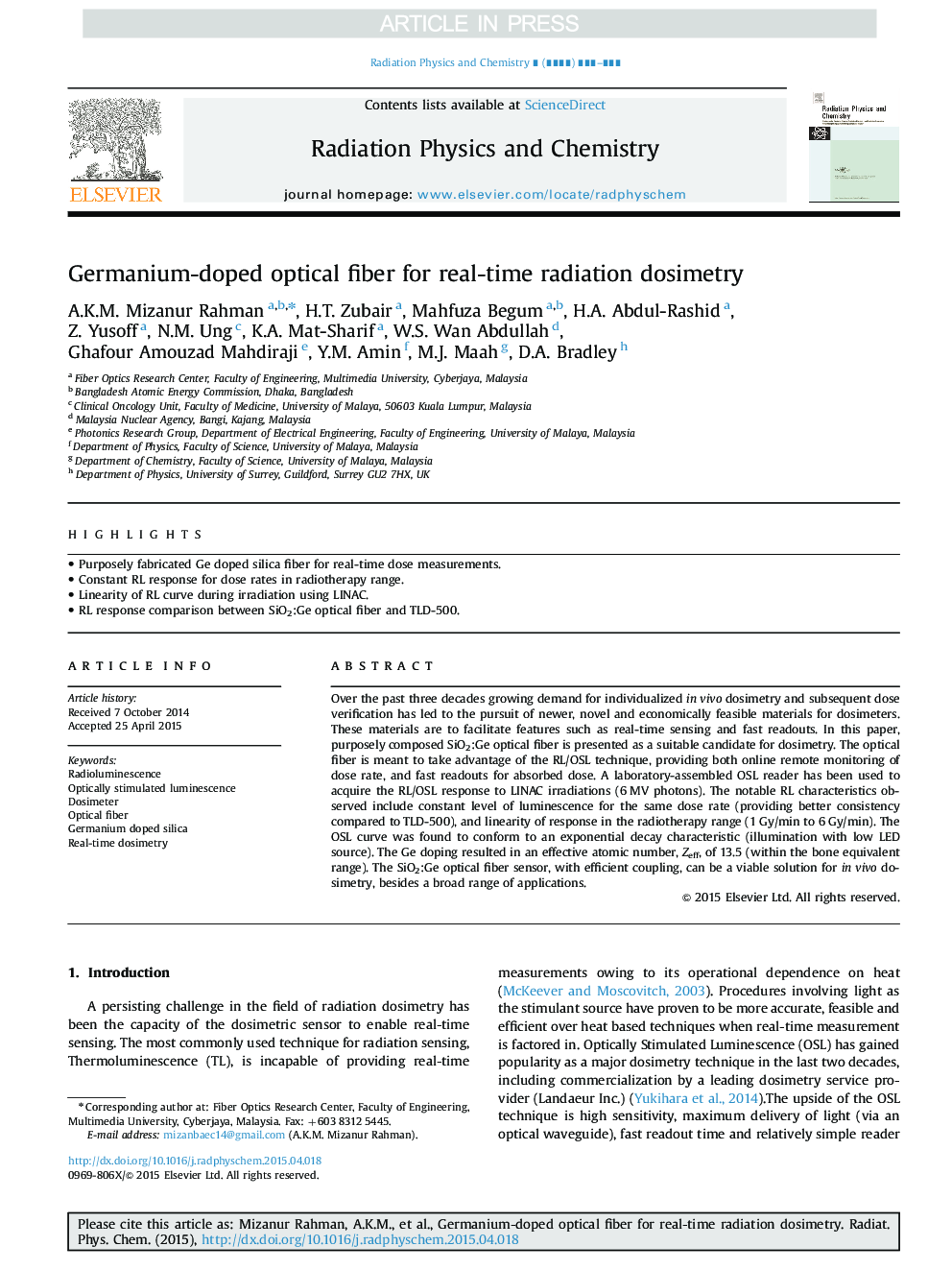 Germanium-doped optical fiber for real-time radiation dosimetry