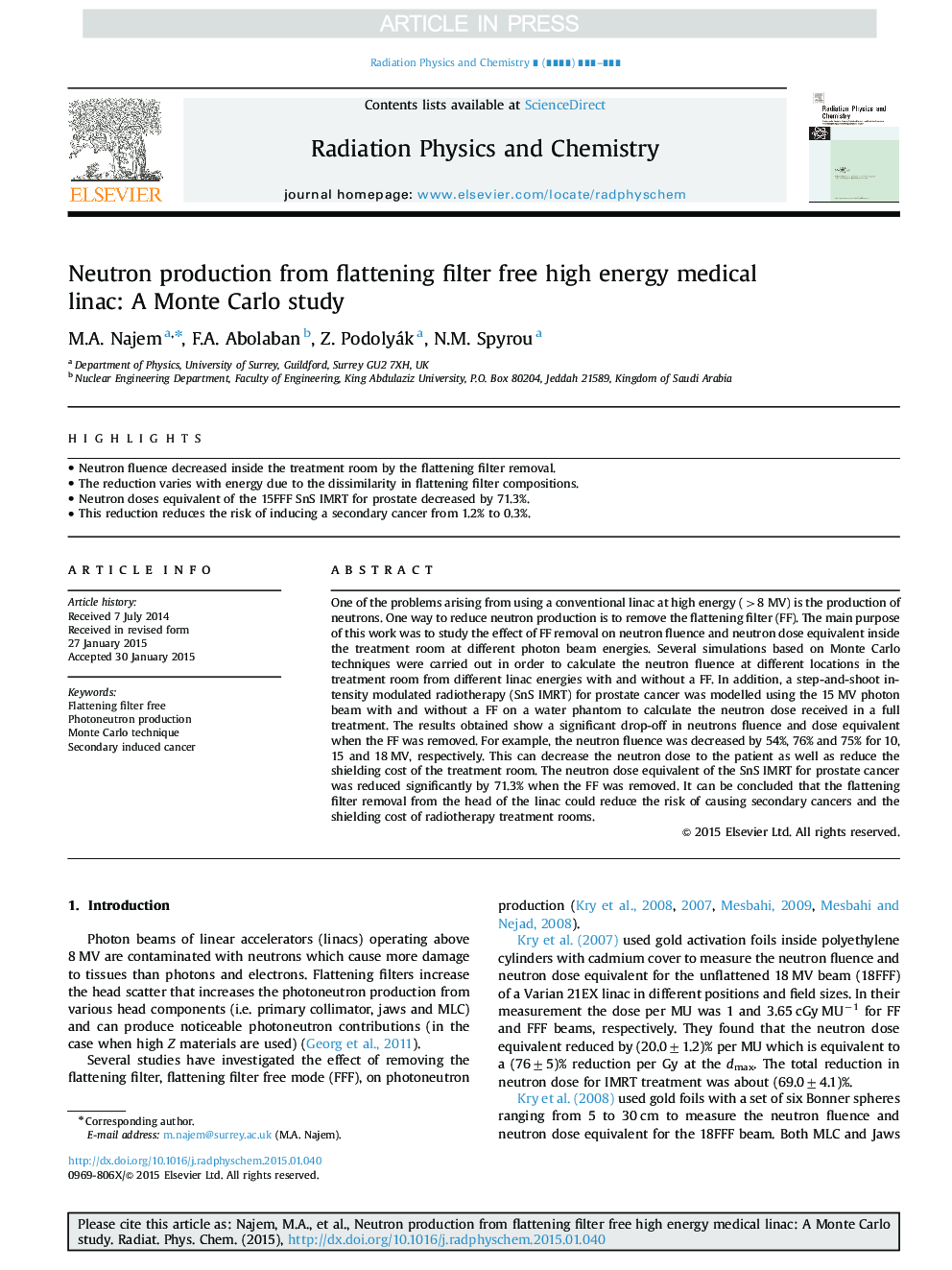 Neutron production from flattening filter free high energy medical linac: A Monte Carlo study