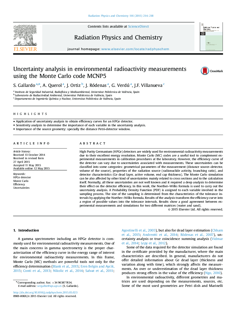 Uncertainty analysis in environmental radioactivity measurements using the Monte Carlo code MCNP5