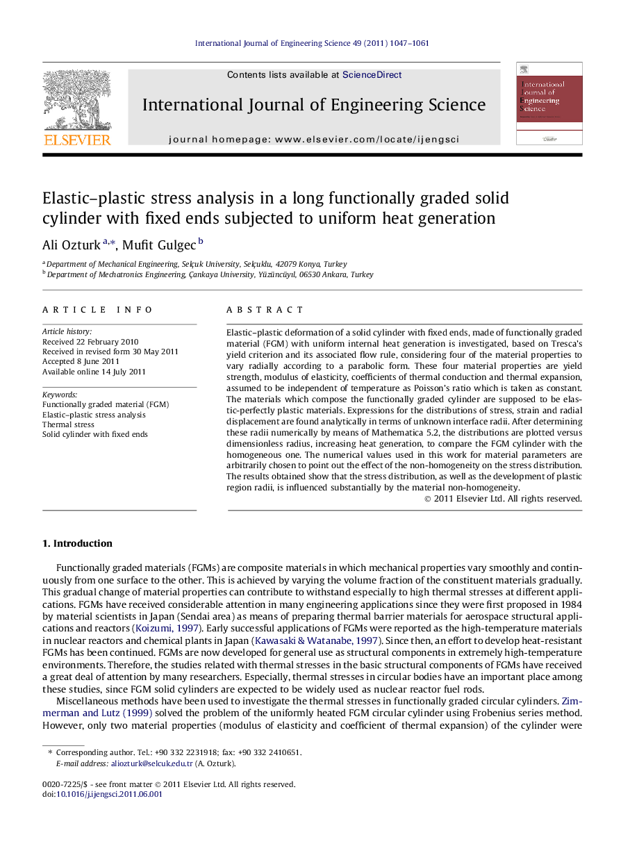 Elastic–plastic stress analysis in a long functionally graded solid cylinder with fixed ends subjected to uniform heat generation