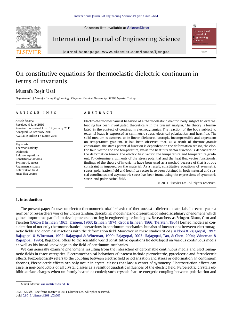 On constitutive equations for thermoelastic dielectric continuum in terms of invariants