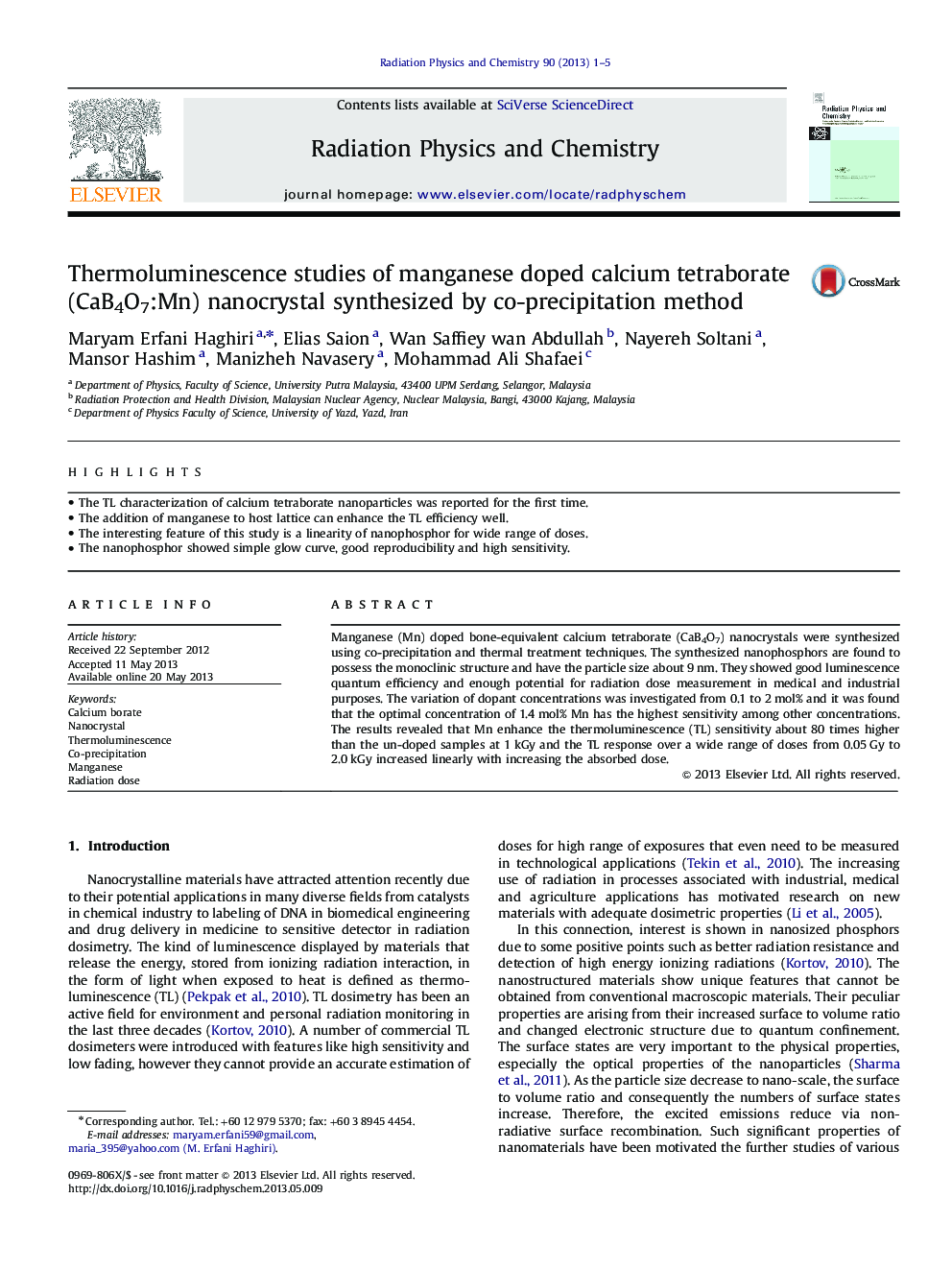 Thermoluminescence studies of manganese doped calcium tetraborate (CaB4O7:Mn) nanocrystal synthesized by co-precipitation method