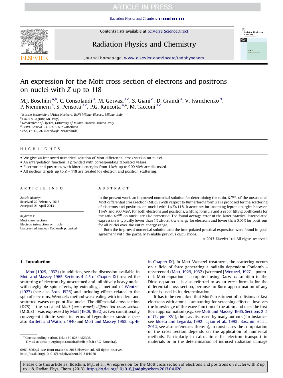 An expression for the Mott cross section of electrons and positrons on nuclei with Z up to 118