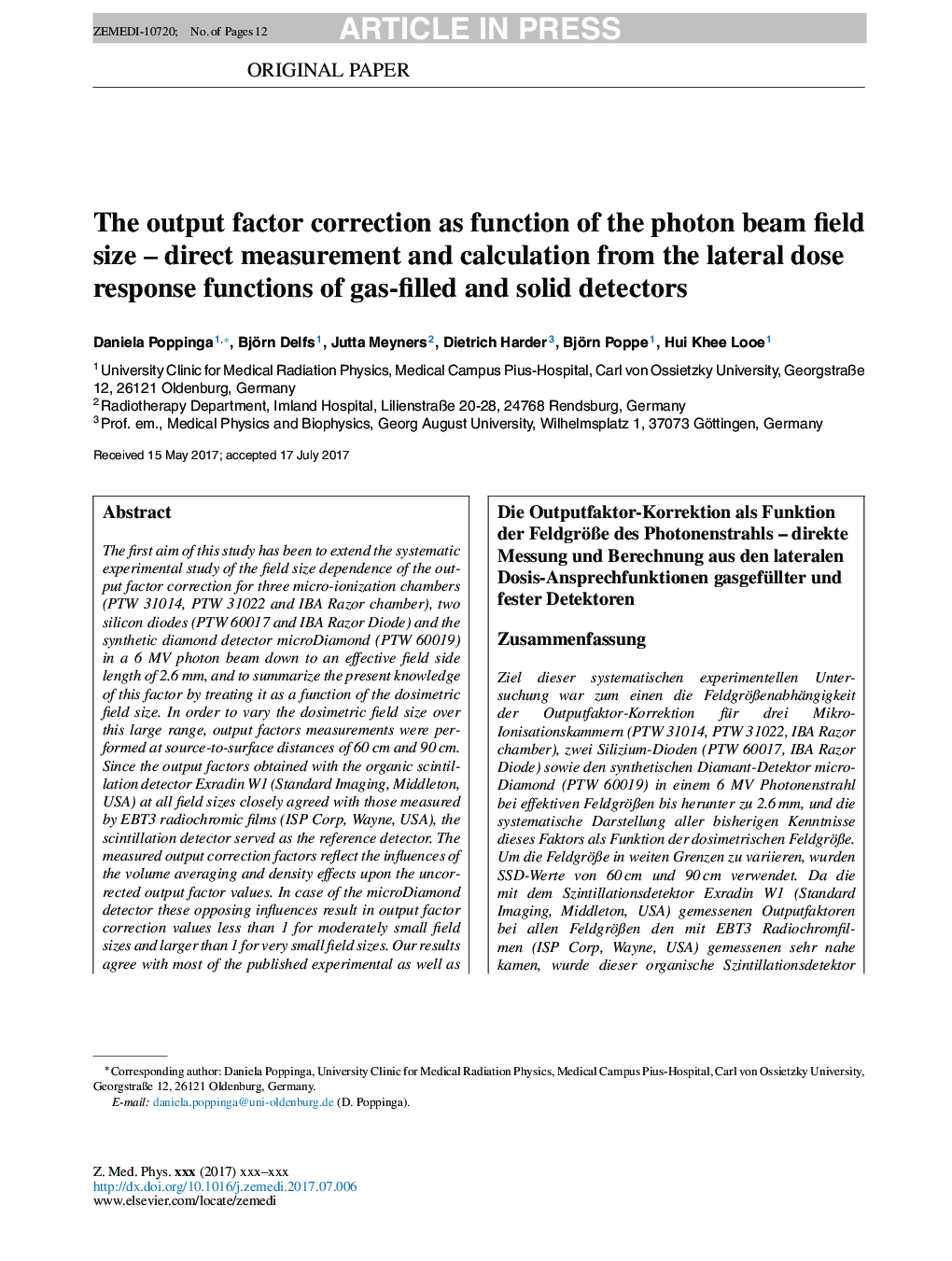 The output factor correction as function of the photon beam field size - direct measurement and calculation from the lateral dose response functions of gas-filled and solid detectors