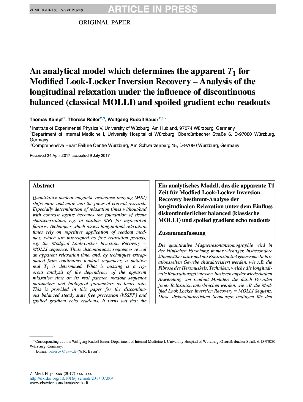 An analytical model which determines the apparent T1 for Modified Look-Locker Inversion Recovery - Analysis of the longitudinal relaxation under the influence of discontinuous balanced (classical MOLLI) and spoiled gradient echo readouts