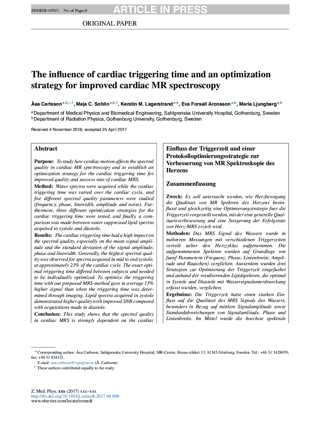 The influence of cardiac triggering time and an optimization strategy for improved cardiac MR spectroscopy