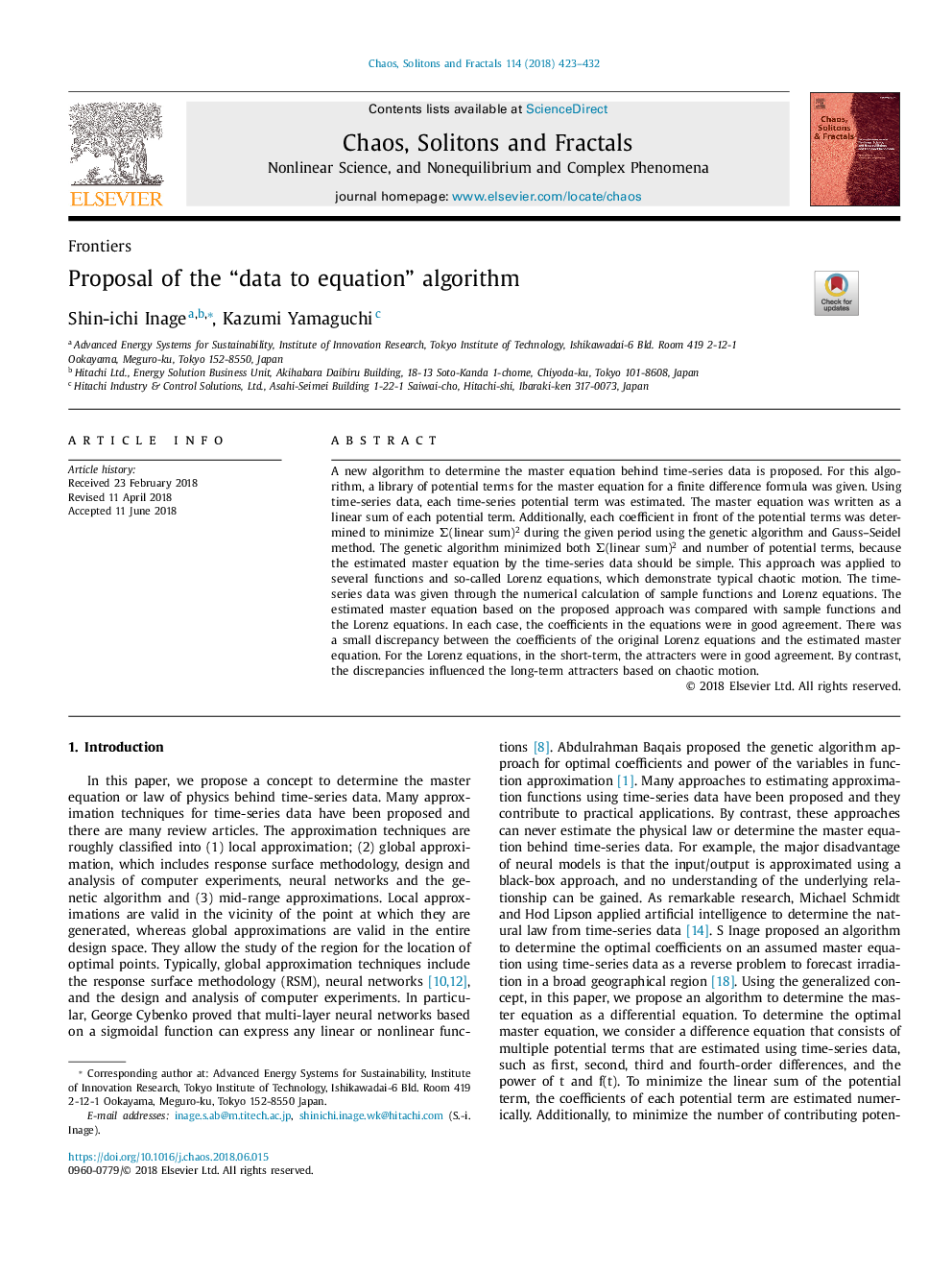 Proposal of the “data to equation” algorithm