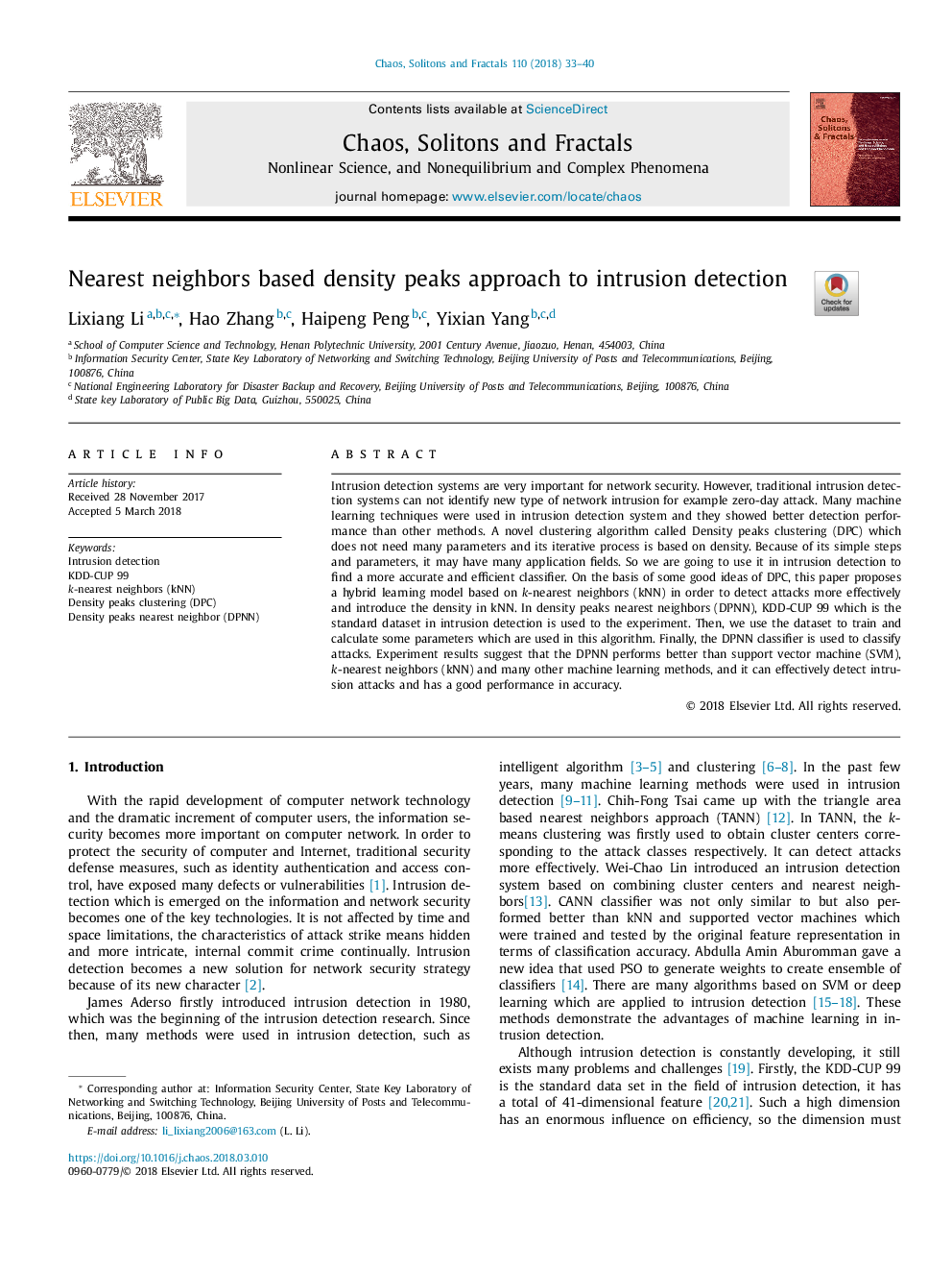 Nearest neighbors based density peaks approach to intrusion detection