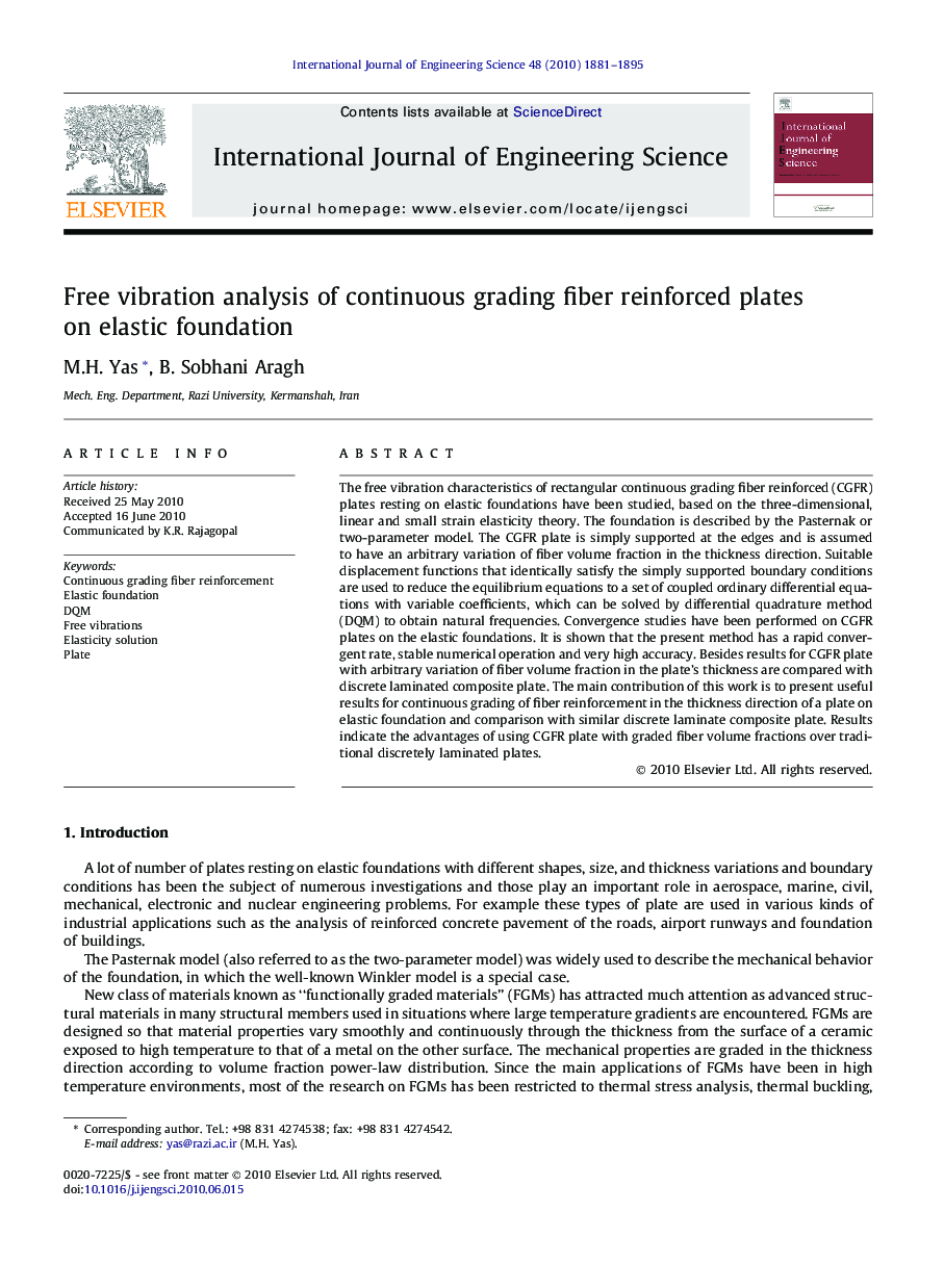 Free vibration analysis of continuous grading fiber reinforced plates on elastic foundation