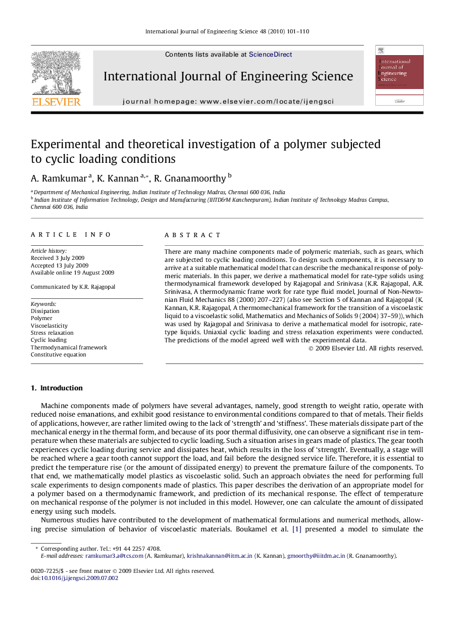 Experimental and theoretical investigation of a polymer subjected to cyclic loading conditions