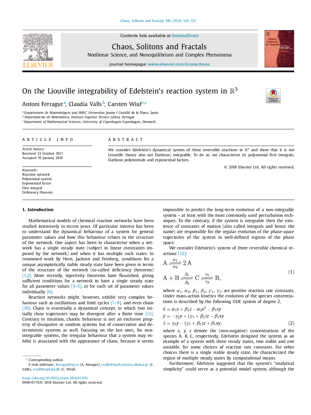 On the Liouville integrability of Edelstein's reaction system in R3