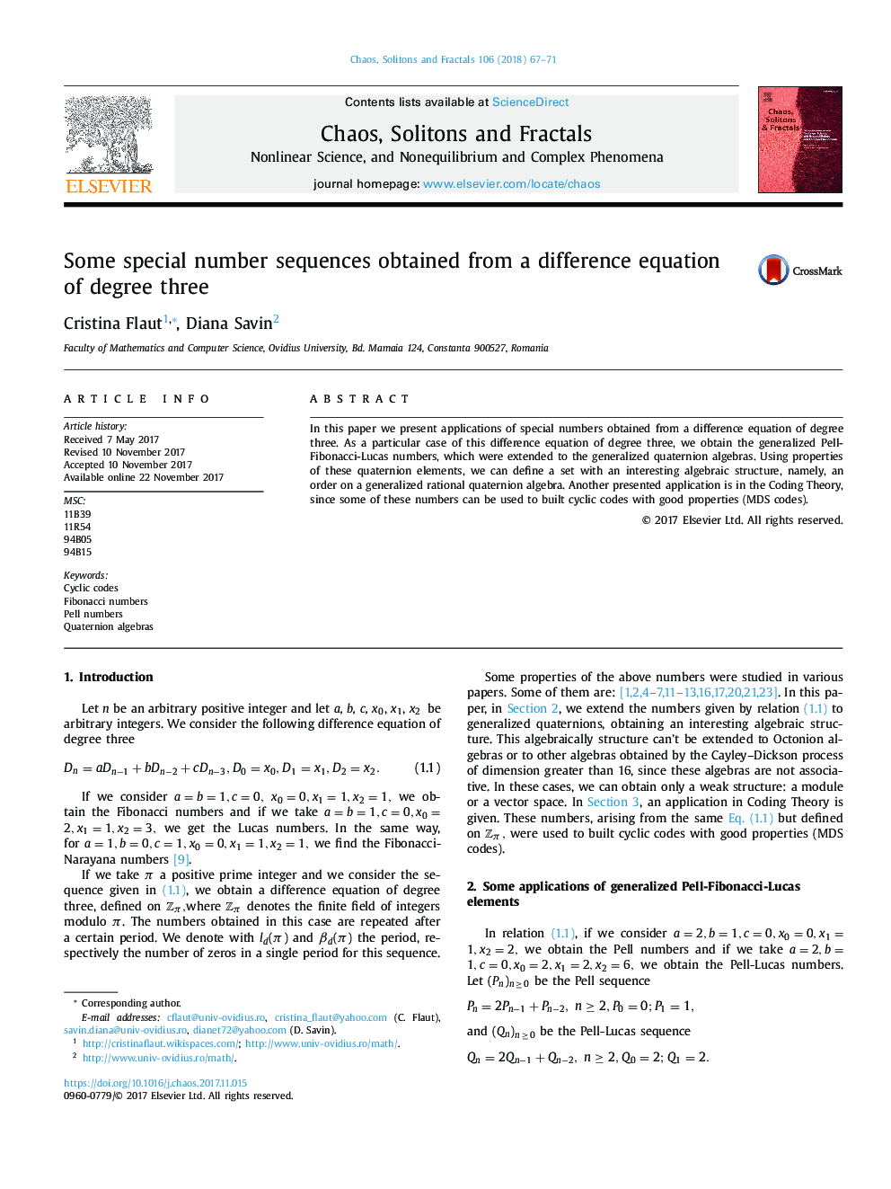 Some special number sequences obtained from a difference equation of degree three