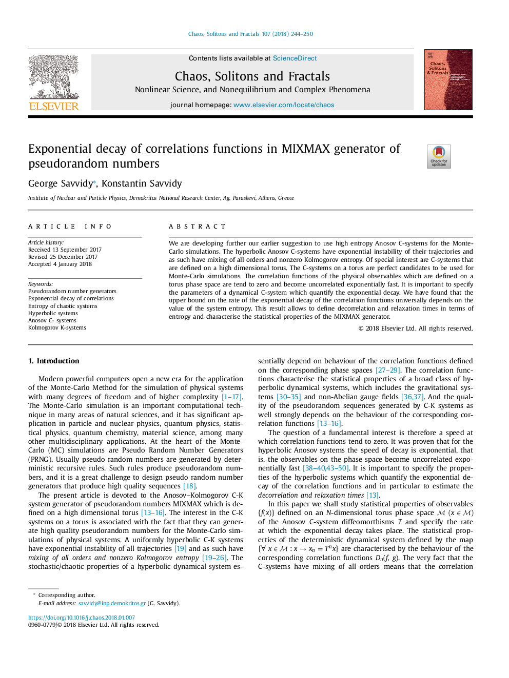 Exponential decay of correlations functions in MIXMAX generator of pseudorandom numbers