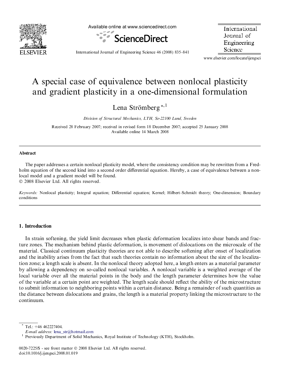 A special case of equivalence between nonlocal plasticity and gradient plasticity in a one-dimensional formulation